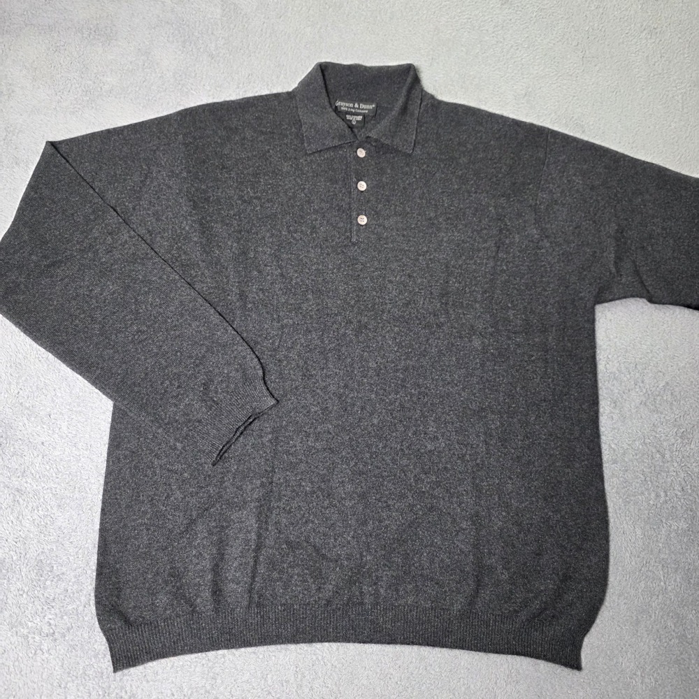 Grayson & Dunn Mens L Polo Sweater Charcoal Grey 100% 2-Ply Cashmere Long Sv VTG